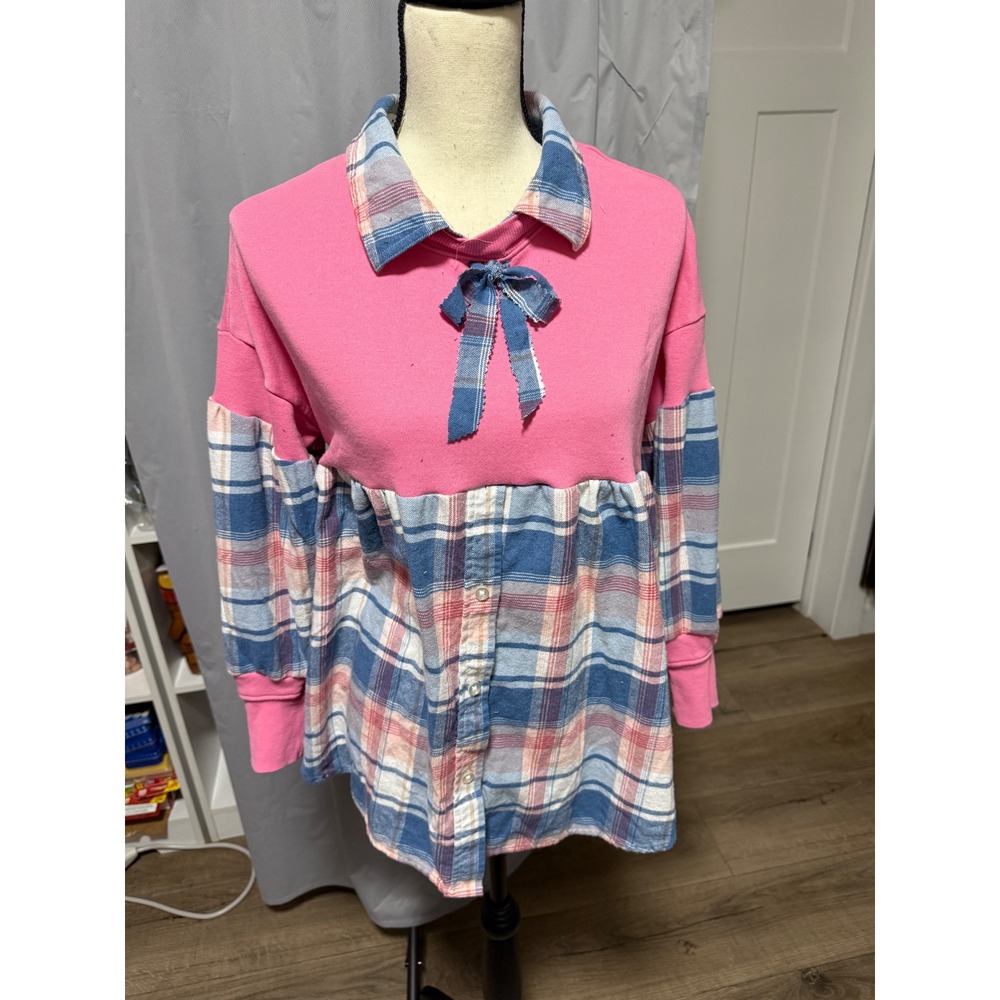 Upcycled Ellos Flannel & Pink Sweatshirt Top | Handmade Plaid Babydoll Tunic